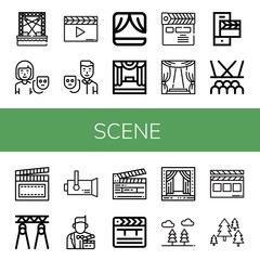 Set of scene icons such as Stage, Actor, Clapperboard, Spotlight, Clapper, Forest , scene