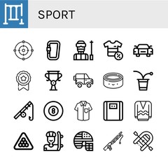 Set of sport icons such as Swing, Focus, Carabiner, Ski, Shirt, Sportive car, Medal, Trophy, Jeep, Puck, Beer pong, Fishing rod, Billiard, Bathroom scale, Long sleeve , sport