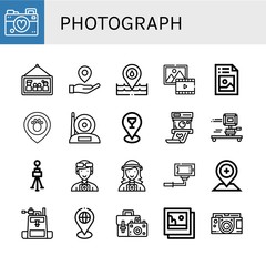 Set of photograph icons such as Photographer, Picture, Placeholder, Camera, Polaroid, Tripod, Selfie, Camera bag, Pictures , photograph