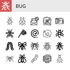 Set of bug icons such as Beetle, Cockroach, Spam, Insect, Code injection, Mosquito, Butterfly net, Mosquito coil, Snail, Ant, Caterpillar, Tarantula, Bed bug, Earwig, Spider , bug