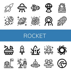 Set of rocket icons such as Rocket, Universe, Ufo, Uranus, Space, Space capsule, Astronaut, Moon rover, Stargazing, Alien, Black hole, Pluto , rocket