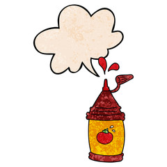 cartoon ketchup bottle and speech bubble in retro texture style