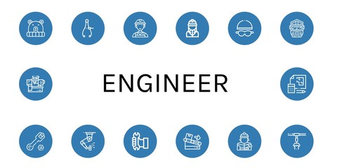 Set of engineer icons such as Hat, Caliper, Worker, Engineer, Goggles, Helmet, Wrench, Machinery, Conveyor, Builder, Blueprint , engineer