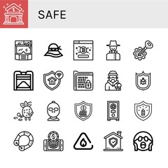 Set of safe icons such as Bank, Helmet, Hat, Password, Detective, Key, Compost, Protection, Encrypt, Criminal, Antivirus, Thief, Security, Safe box, Life saver, Online banking , safe
