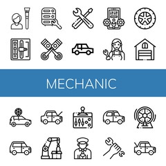 Fototapeta premium Set of mechanic icons such as Tool, Shift stick, Maintenance, Pistons, Tools, Car, Configuration, Mechanic, Wheel, Garage, Robotic arm, Lever, Taxi driver, Wrench , mechanic