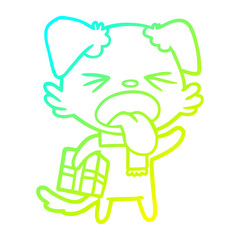 cold gradient line drawing cartoon disgusted dog with christmas gift