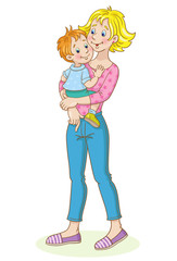 Happy family. Young mother stands with a small child in her arms.  In cartoon style. Isolated on white background.  
