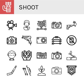 Set of shoot icons such as Quiver, Movie camera, Soccer player, Film camera, Camera, Gun, Compact Bow and arrow, No pictures, Sprout, Hockey stick, Archer, Puck , shoot