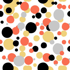Ditsy vector polka dot pattern with random hand painted circles in white, black, coral red, silver, gold colors. Seamless texture in vintage 1960s fashion style. Modern background with round shapes 