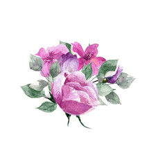 Hand-drawn flower watercolor illustration. Bouquet with purple flowers, rose and  cherry blossom isolated on white background. Illustration for design, background or print.
