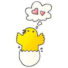 cute hatching chick cartoon and thought bubble in smooth gradient style