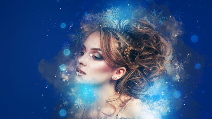 Winter Beauty Woman. Christmas Girl Makeup. Creative Color Make-up. Beautiful young woman face...