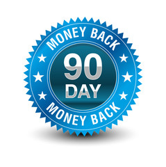 Blue powerful 90 day money back guarantee badge.