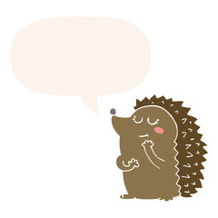 cute cartoon hedgehog and speech bubble in retro style