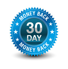 Blue powerful 30 day money back guarantee badge.