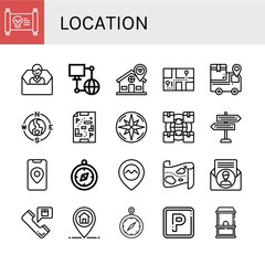 Set of location icons such as Treasure map, Contact us, Network, Location, Navigator, Tracking, Compass, Maps, Logistics, Signpost, Gps, Contact, Marker, Parking, Ticket office , location