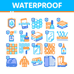 Waterproof Materials Vector Thin Line Icons Set. Waterproof Material For Personal, Industrial Use Linear Pictograms. Water Resistant Device, Clothes, Moisture Absorbing Substance Contour Illustrations