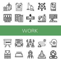 Set of work icons such as Suit, Candidates, Wanted, Archive, Vacuum cleaner, Broken pipe, Gear, Sewing machine, Sketchbook, Shovel, Pencil, Vest, Meeting, Wipes, Group , work