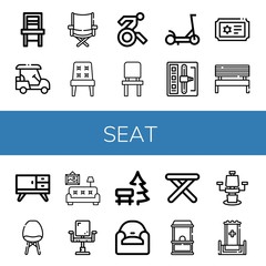 Set of seat icons such as Chair, Golf cart, Directors chair, Disabled, Scooter, Shift stick, Ticket, Bench, Furniture, Living room, Armchair, Stool, Ticket office, Throne , seat