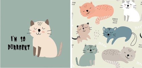 set of cute cat print and seamless pattern with cats. vector