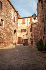 Fototapeta na wymiar Montemerano, Tuscany. View of one of the inner lanes of the small medieval village with stone paving. Swallows flying in the sky