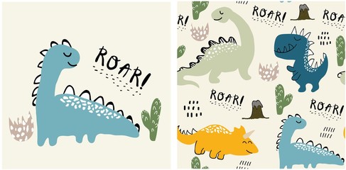 set of cute dinosaur print and seamless pattern with dinosaurs. vector illustration © neapol