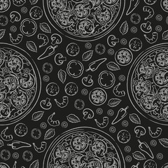Seamless pattern with pizza and ingredients for pizza on black background. contour. Pizza menu. For packaging, advertisements, menu. Vector illustration. Chalk.