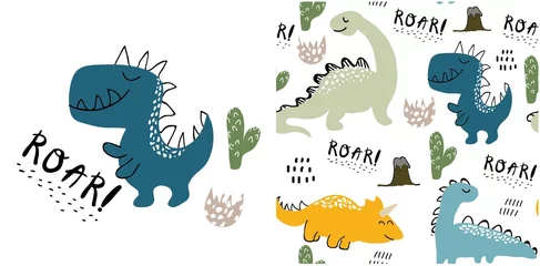 Papier Peint photo Chambre de garçon ensemble d& 39 imprimés de dinosaures mignons et de motifs sans couture avec des dinosaures. illustration vectorielle