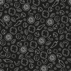 Seamless pattern with ingredients for pizza on black background. contour. Pizza menu. For packaging, advertisements, menu. Vector illustration. Chalk.