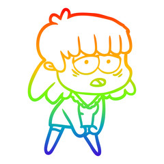 rainbow gradient line drawing cartoon tired woman