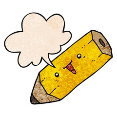 cute cartoon pencil and speech bubble in retro texture style