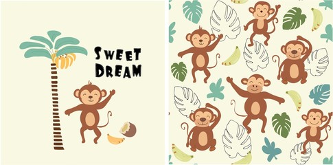 set of monkey print and seamless pattern with monkeys.vector
