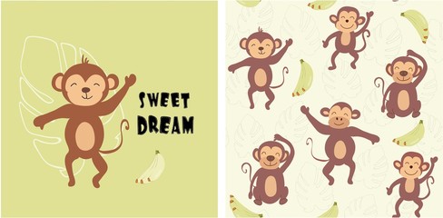 Obraz premium set of monkey print and seamless pattern with monkeys.vector