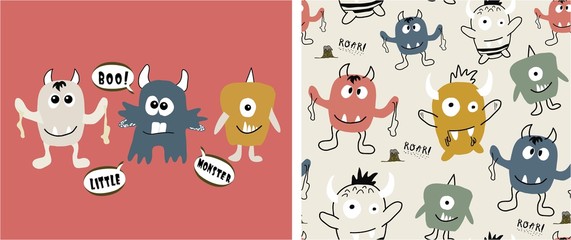 set of cute monster print and seamless pattern with monsters.vector illustration
