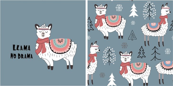 set of cute llama print and seamless pattern with llamas. vector