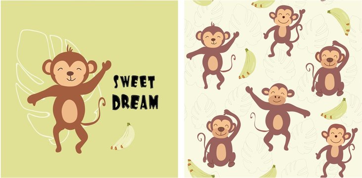 set of monkey print and seamless pattern with monkeys.vector