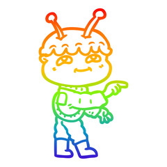rainbow gradient line drawing friendly cartoon spaceman pointing