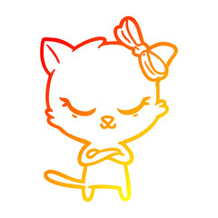 warm gradient line drawing cute cartoon cat with bow