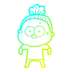 cold gradient line drawing cartoon happy old woman