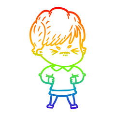 rainbow gradient line drawing cartoon frustrated woman