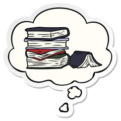 cartoon pile of books and thought bubble as a printed sticker