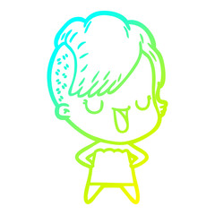 cold gradient line drawing cute cartoon girl with hipster haircut