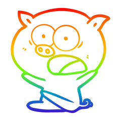 rainbow gradient line drawing shocked cartoon pig sitting down