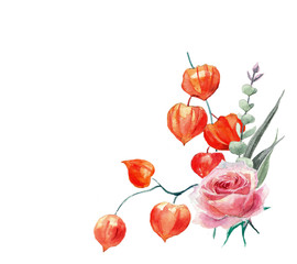 Flower watercolor illustration. Autumn bouquet with eucalyptus leaves, rose and physalis isolated on white background. Illustration for design, frame, background or print.