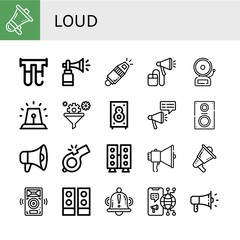 Set of loud icons such as Megaphone, Filter, Horn, Whistle, Alarm, Speaker, Loudspeaker, Speakers, Bell , loud