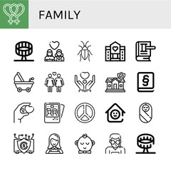 Set of family icons such as Lesbian, Round up ride, Cockroach, Hospice, Law, Stroller, Give, Insurance, Couple, Peace, Laugh room, Baby, Nanny, Boy, Security agent , family