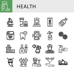 Set of health icons such as Medicine, Microscope, Vitamin, Nurse, Peanut, Essential oil, Peas, Bacteria, Heart monitoring, Poison, Liquorice, Mouthwash, Eyedropper, Perfume , health