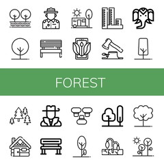 Set of forest icons such as Tree, Ranger, Bench, Camping, Ecology, Overpopulation, Deforestation, Wild life, Forest, Cabin, Hunter, Mushroom, Drought , forest