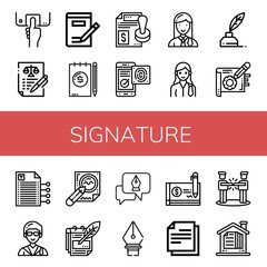 Set of signature icons such as Fingerprint scan, Agreement, Writing, Note, Contract, Fingerprint identification, Lawyer, Write, Notes, Fountain pen, Pen tool, Cheque , signature