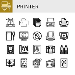Set of printer icons such as Office, Camera bag, Printer, Printing, Hard drive, Cmyk, Ink, Ink cartridge, d printer, d printing, Brochure, Hard disk ,